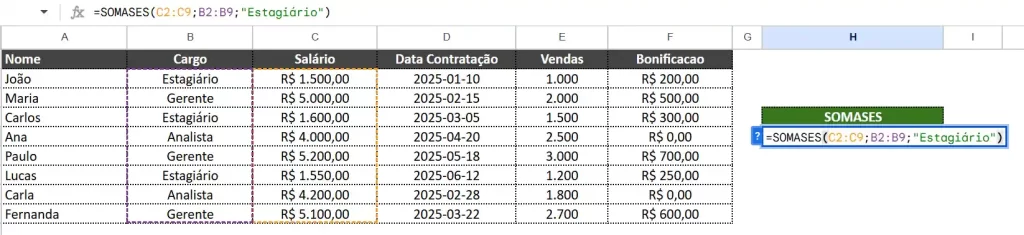 somar salários de estagiários